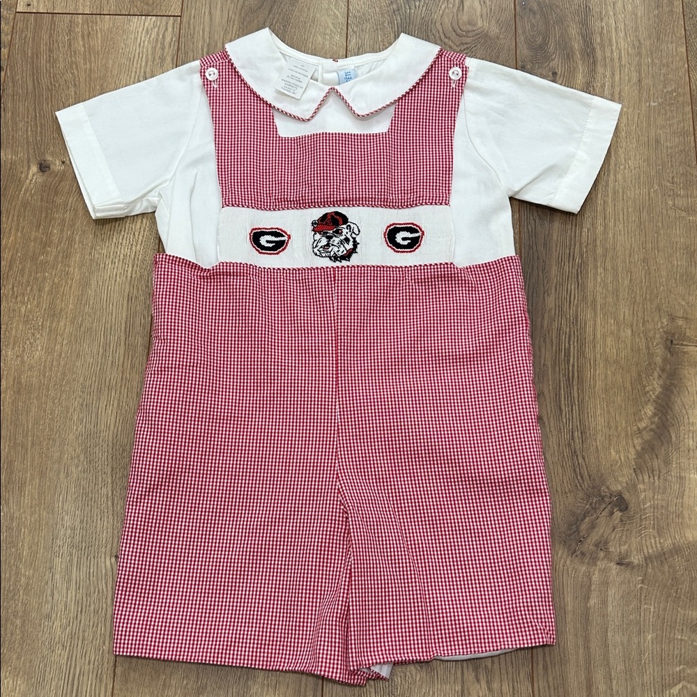 Vive la fete University of Georgia smocked BULLDOGS shortalls